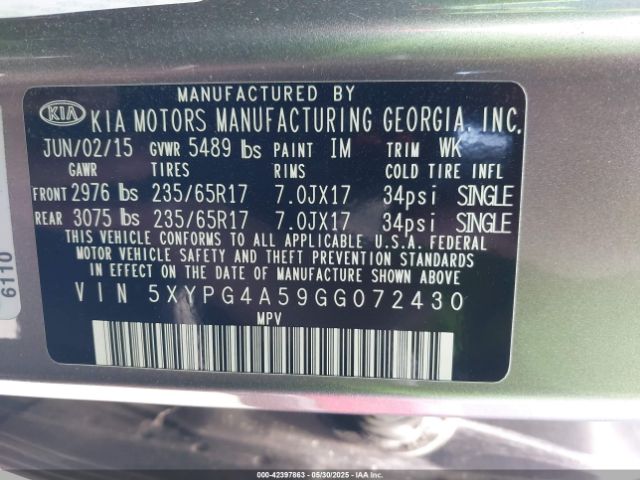 5XYPG4A59GG072430 KIA Sorento 3.3l Lx
