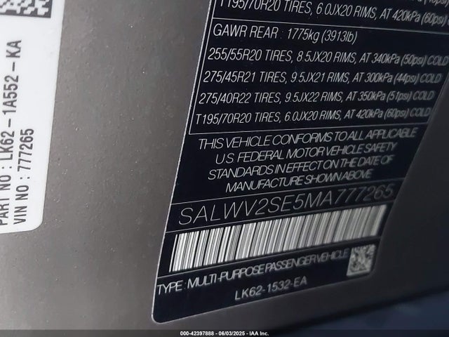 SALWV2SE5MA777265 Land Rover aj133 s/c