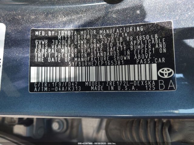 5YFBURHE7EP165381 Toyota Corolla S Plus