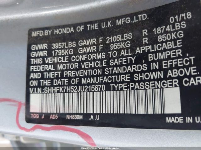 SHHFK7H52JU215670 Honda l15ba