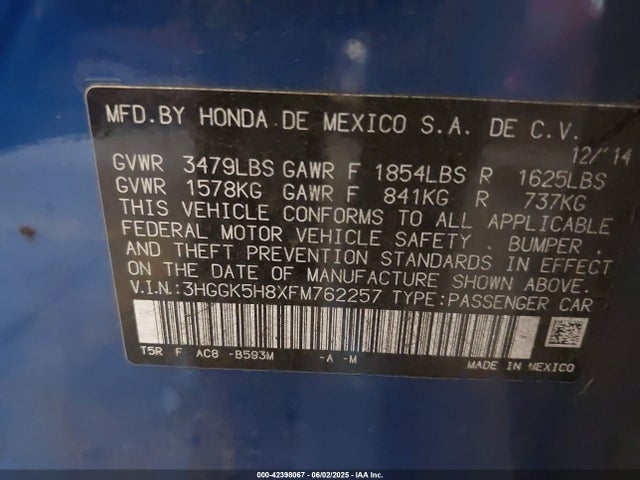 3HGGK5H8XFM762257 Honda l15b1