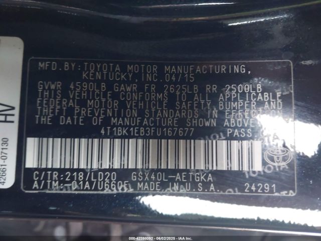 4T1BK1EB3FU167677 Toyota AVALON XLE