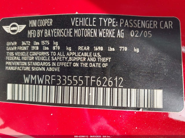 2005 MINI COOPER WMWRF33555TF62612 Photo 8