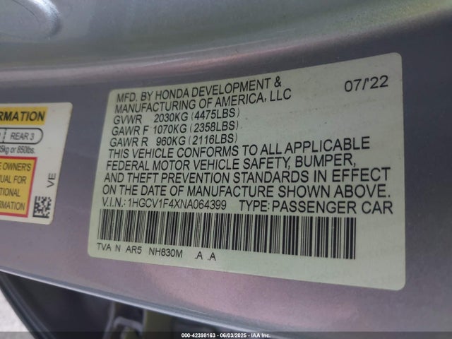 1HGCV1F4XNA064399 Honda l15be