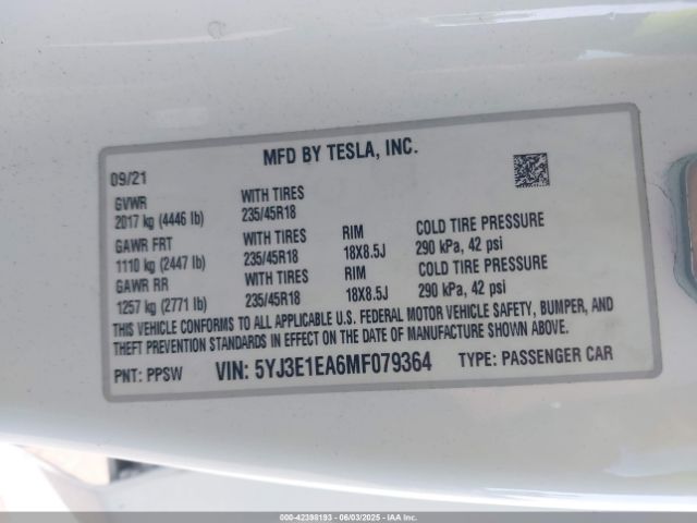 5YJ3E1EA6MF079364 Tesla 2021