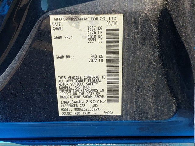 1N4AL3AP4GC230762 Nissan Altima 2.5/2.5 S/2.5 Sl/2.5 Sr/2.5 Sv