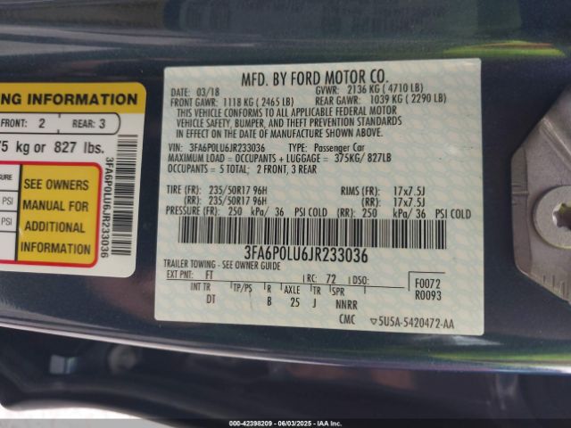 3FA6P0LU6JR233036 Ford 2.0l 4v atk hev