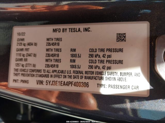 5YJ3E1EA4PF400306 Tesla 2023