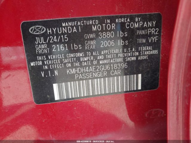 KMHDH4AE2GU618396 Hyundai ELANTRA SE