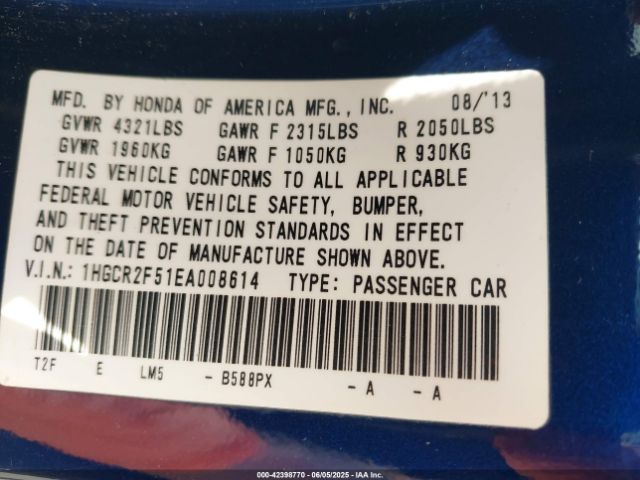 1HGCR2F51EA008614 Honda k24w1