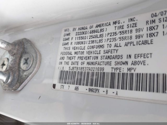 2007 ACURA RDX 5J8TB18537A021699 Photo 8