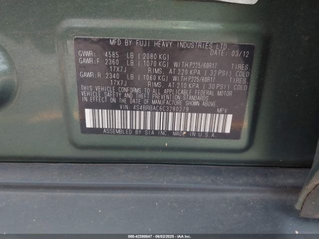 2012 SUBARU OUTBACK 4S4BRBAC6C3280279 Photo 8