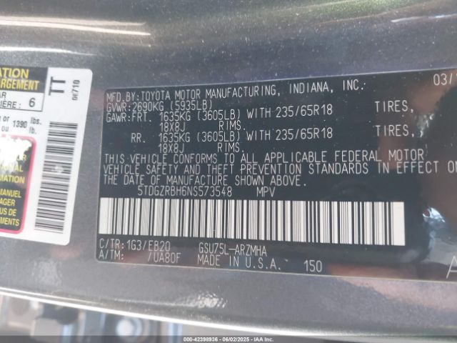 5TDGZRBH6NS573548 Toyota 2gr-fks