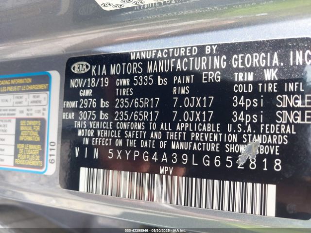 5XYPG4A39LG652818 KIA Sorento 2.4l Lx