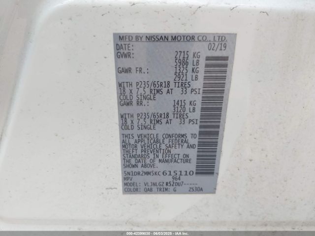 5N1DR2MM5KC615110 Nissan Pathfinder Sl
