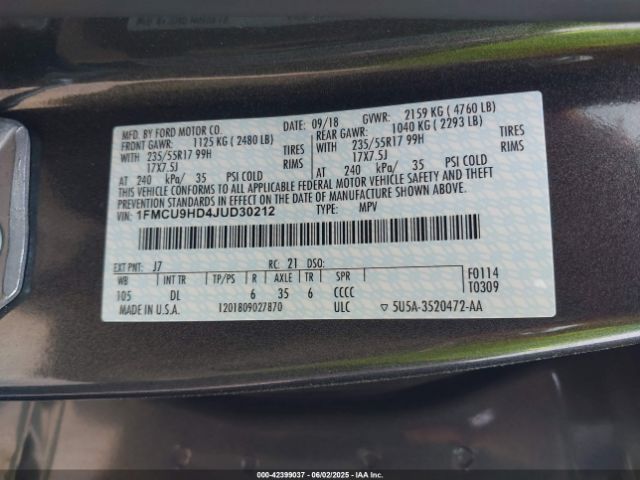 1FMCU9HD4JUD30212 Ford ESCAPE SEL