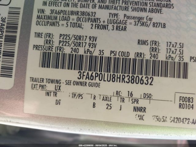 3FA6P0LU8HR380632 Ford Fusion Hybrid Se