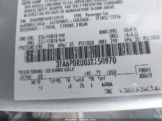 3FA6P0RU0JR150970 Ford Fusion Hybrid Titanium