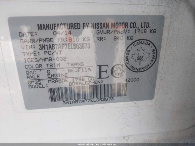 3N1AB7AP7EL663873 Nissan Sentra Fe+ S/fe+ Sv/s/sl/sr/sv