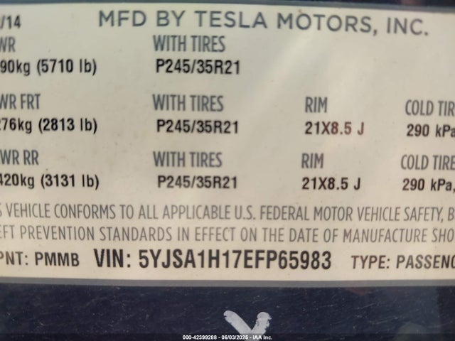 2014 TESLA MODEL S 5YJSA1H17EFP65983 Photo 8