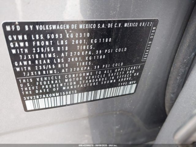 3VV2B7AX0NM159615 Volkswagen Tiguan 2.0t Se