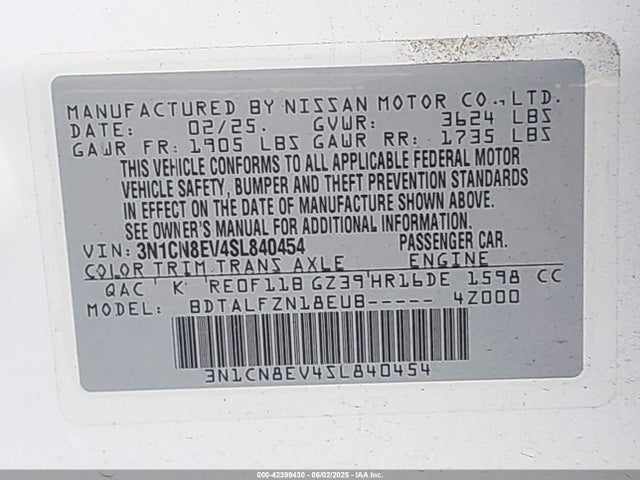 3N1CN8EV4SL840454 Nissan Versa 1.6 Sv