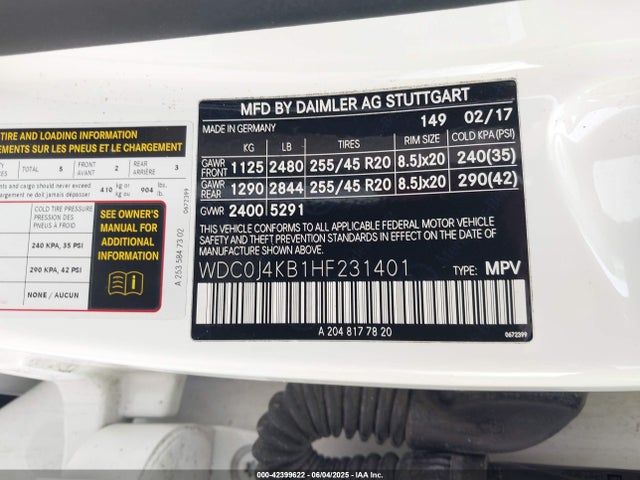 WDC0J4KB1HF231401 Mercedes-Benz m274