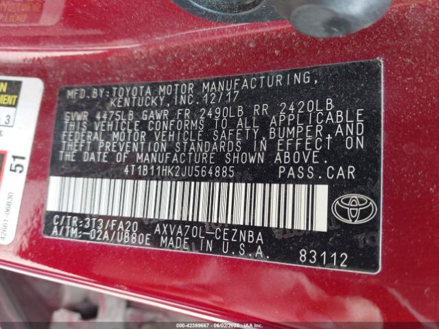 2018 TOYOTA CAMRY 4T1B11HK2JU564885 Photo 8
