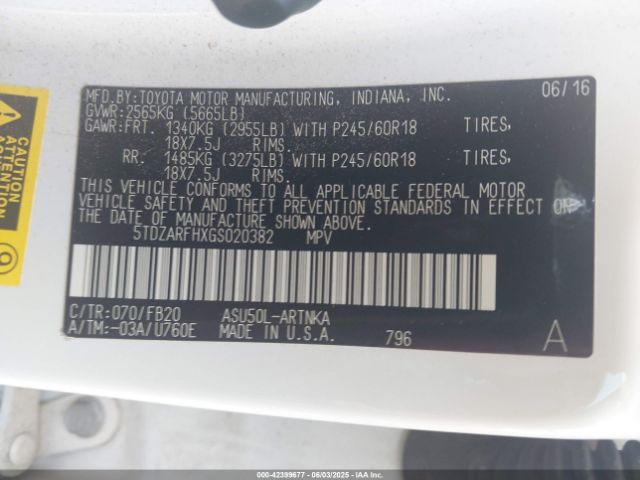 5TDZARFHXGS020382 Toyota Highlander Le
