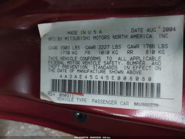 2005 MITSUBISHI ECLIPSE SPYDER 4A3AE45G45E008080 Photo 8