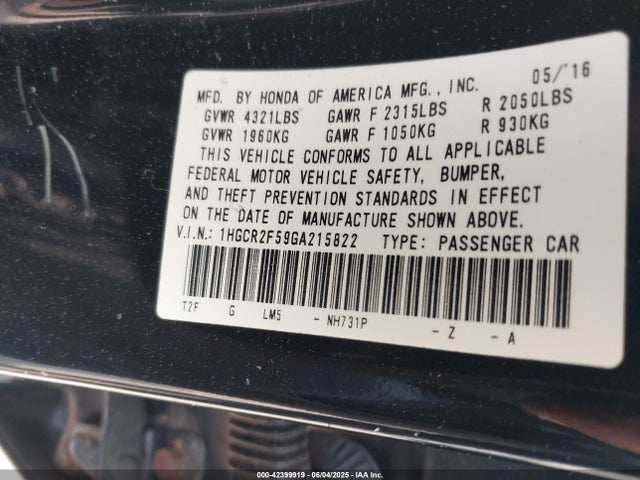 1HGCR2F59GA215822 Honda k24w1