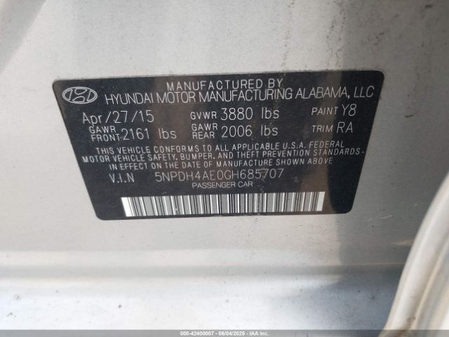 5NPDH4AE0GH685707 Hyundai dohc mpi nu