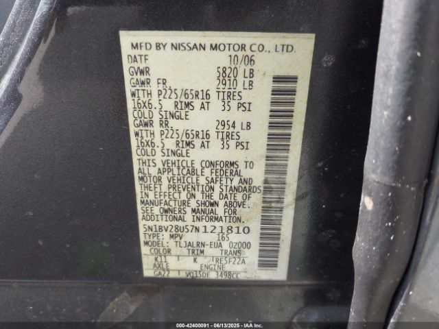 2007 NISSAN QUEST 5N1BV28U57N121810 Photo 8