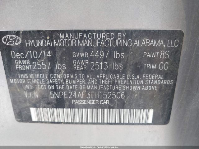 5NPE24AF3FH152506 Hyundai SONATA SE