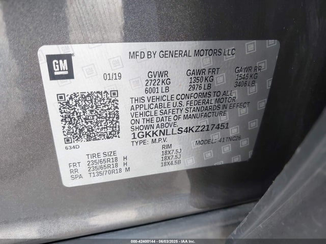 1GKKNLLS4KZ217451 GMC lgx - direct injection, variable valve timing, alum, gen 2