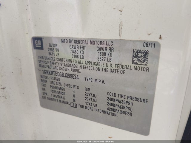 Aukcja sprzedaży 2011 Gmc Acadia Denali, vin: 1GKKRTED6BJ399624, numer aukcji: 42400186