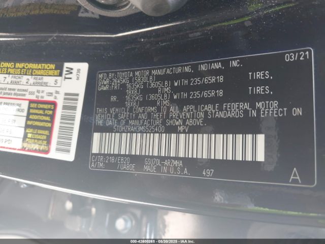 5TDHZRAH3MS525400 Toyota 2gr-fks