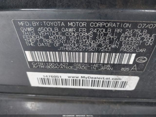 2007 LEXUS IS 350 JTHBE262775017243 Photo 8