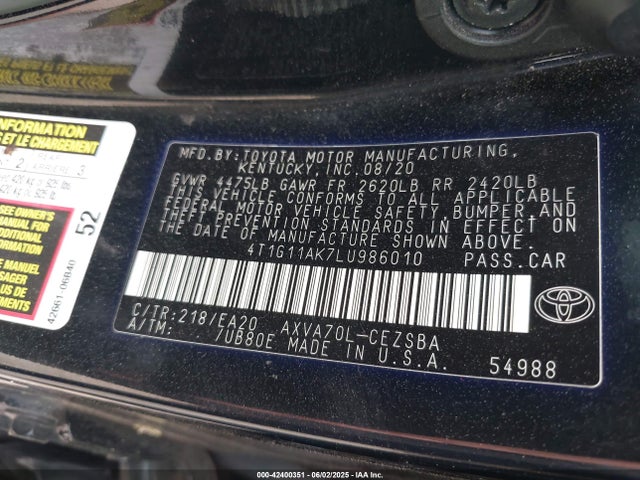 4T1G11AK7LU986010 Toyota a25a-fks