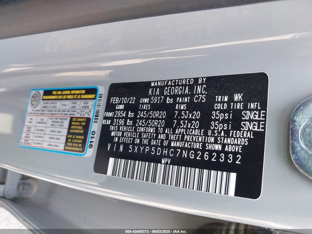 KIA gdi lambda-ii 2022 5XYP5DHC7NG262332 Image 9