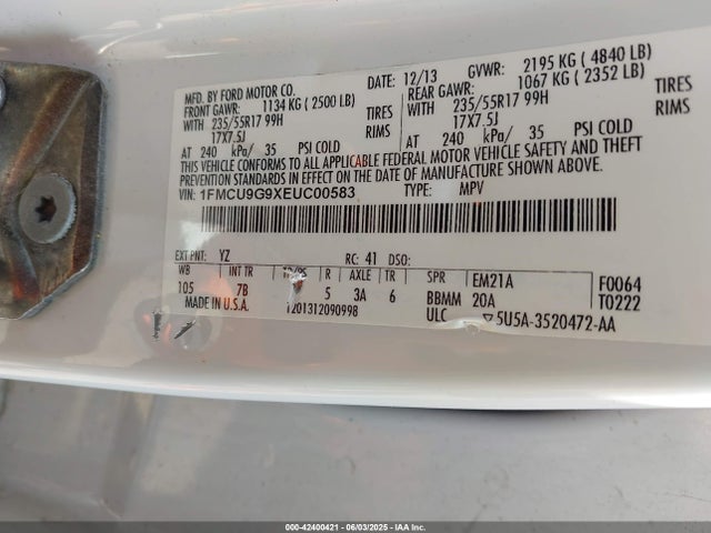 Продажа на аукционе авто 2014 Ford Escape Se, vin: 1FMCU9G9XEUC00583, номер лота: 42400421