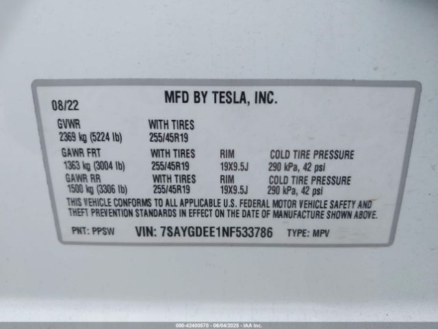 2022 TESLA MODEL Y 7SAYGDEE1NF533786 Photo 8