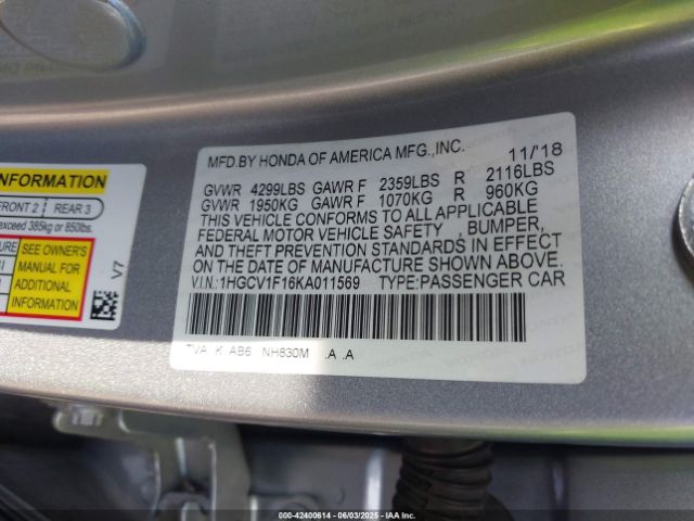 2019 HONDA ACCORD 1HGCV1F16KA011569 Photo 8