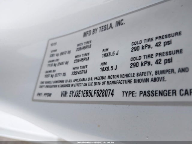 2020 TESLA MODEL 3 5YJ3E1EB5LF628074 Photo 8