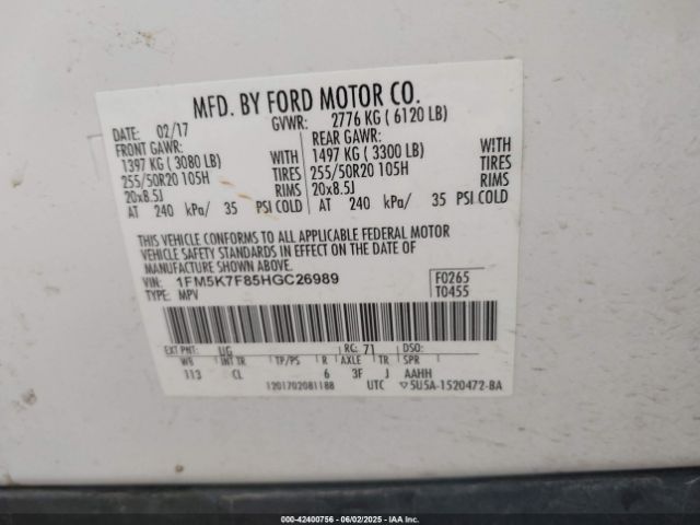1FM5K7F85HGC26989 Ford Explorer Limited