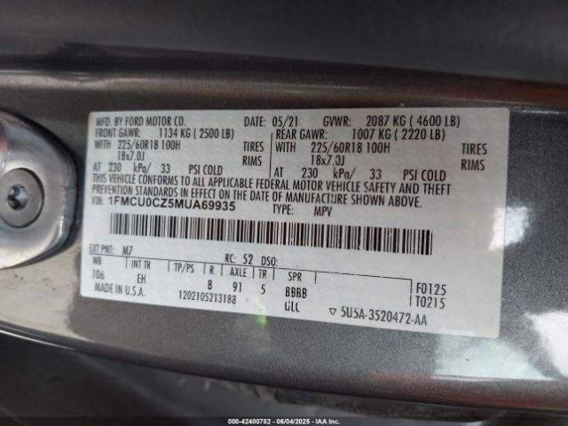 2021 FORD ESCAPE 1FMCU0CZ5MUA69935 Photo 8