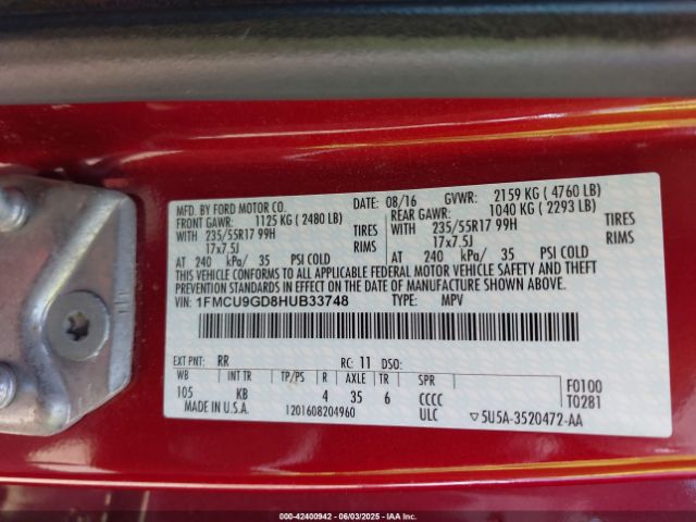 1FMCU9GD8HUB33748 Ford ESCAPE SE