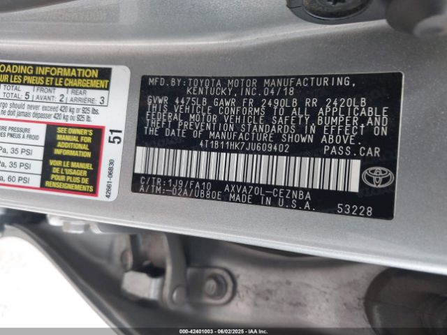 2018 TOYOTA CAMRY 4T1B11HK7JU609402 Photo 8