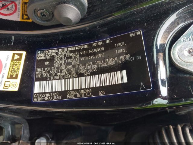 5TDJZRFH3JS549265 Toyota Highlander Xle