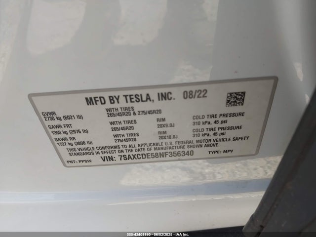 2022 TESLA MODEL X 7SAXCDE58NF356340 Photo 8